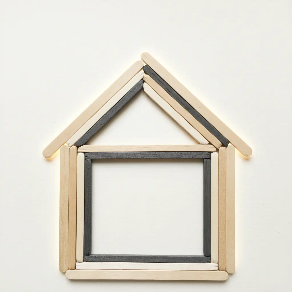 A minimalist wooden stick house outline mounted on a clean white wall, featuring a simple peaked roof shape.