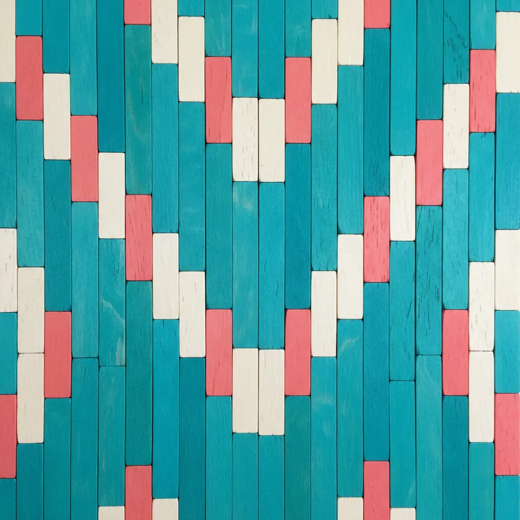A large chevron patterned wall piece where painted craft sticks form repeating V-shapes in teal and coral.