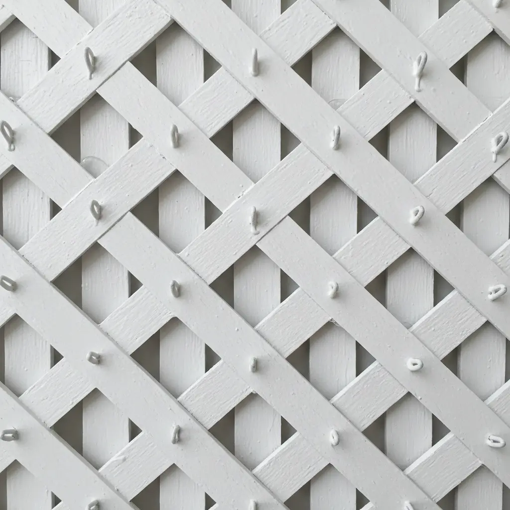 A grid of crossed craft sticks with small hooks attached, creating a wall organizer with a white painted finish.