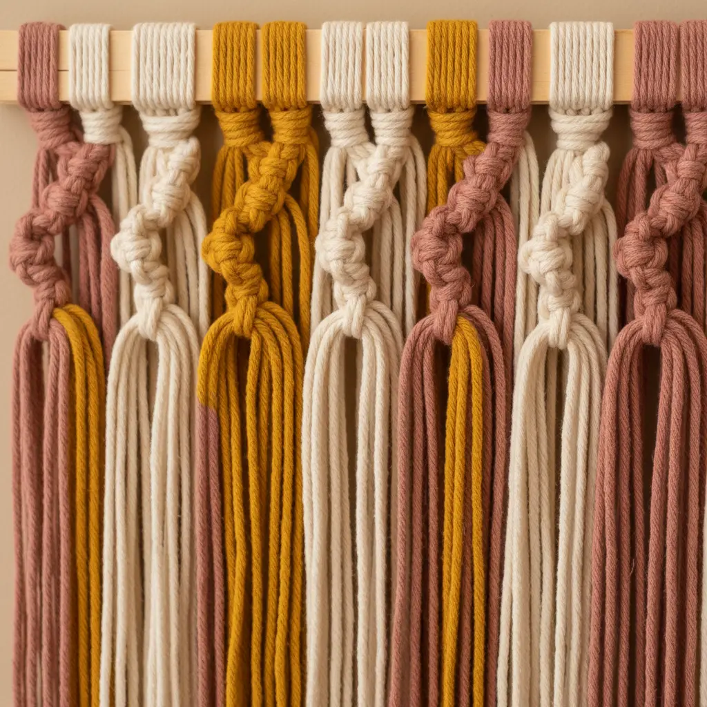 A row of craft sticks hanging horizontally with multiple yarn tassels in cream, mustard, and rose attached along the bottom.