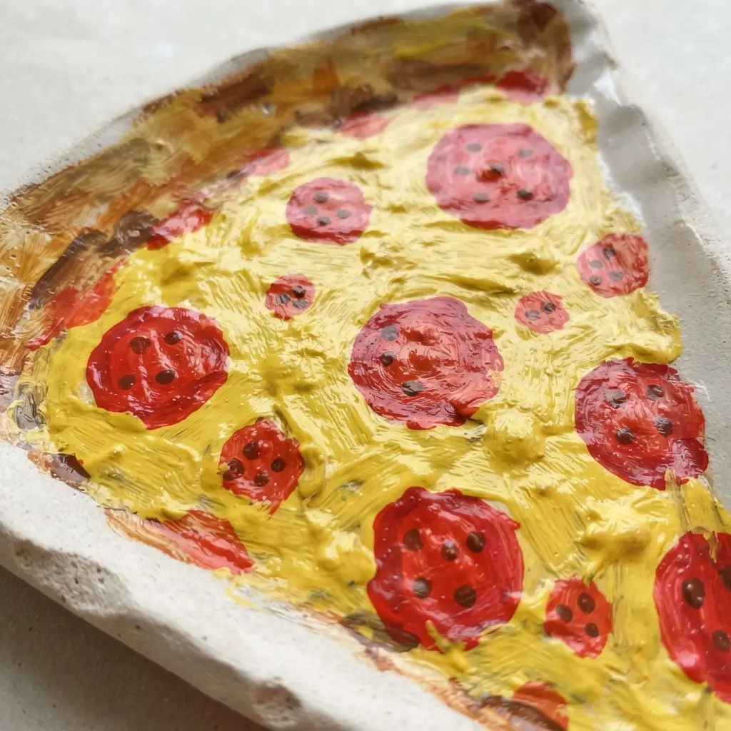 A child's plate is divided and painted to resemble a slice of pizza with red and yellow details.