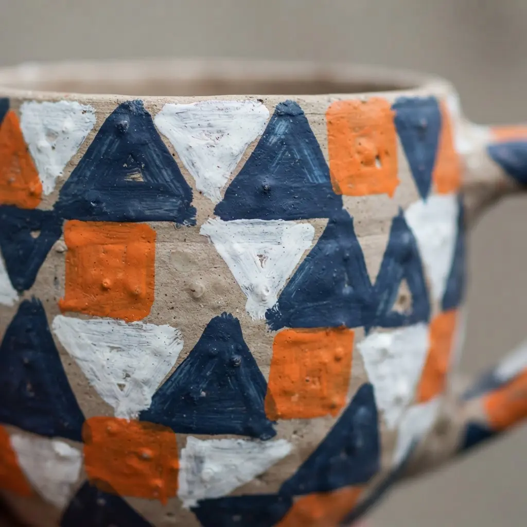 A stencil is held against a cup as a child dabs paint to create geometric shapes.