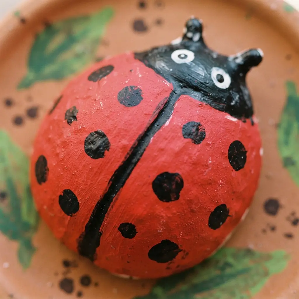 A fun garden ornament project for kids, a red ladybug with black spots sits on a leaf.