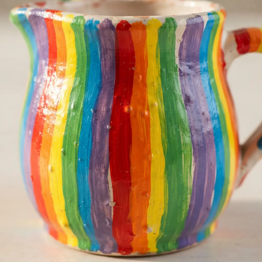 A child paints neat, vertical stripes in different colors around a ceramic pitcher.