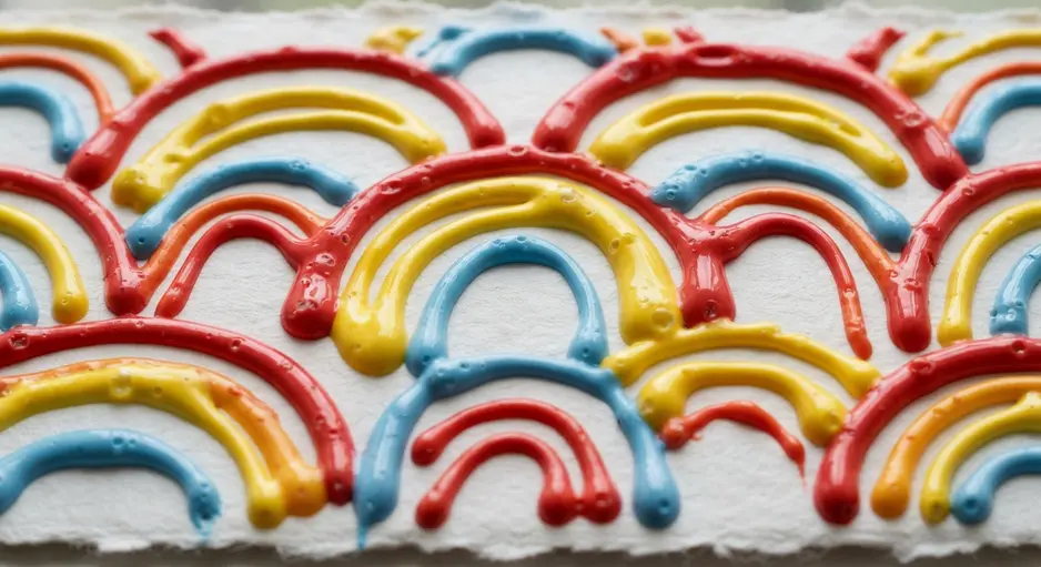 A vibrant rainbow painted with thick puffy paint lines on a dark blue background.