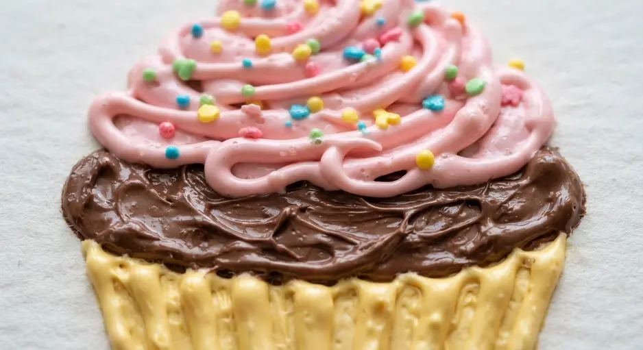 A cupcake with a swirled mound of pastel-colored puffy paint frosting and a cherry on top.