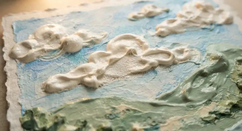 A landscape scene with fluffy white puffy paint clouds floating above green hills.