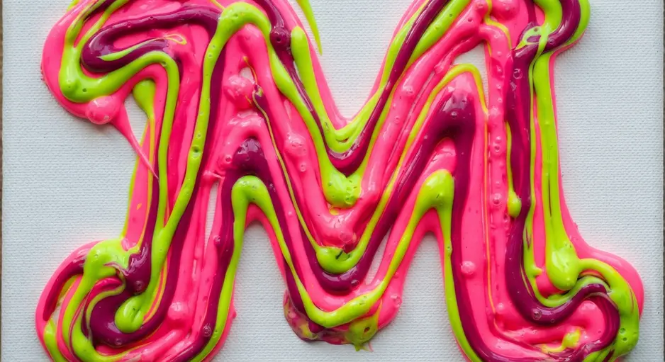 A large, three-dimensional initial letter decorated with thick lines of neon pink and green puffy paint.