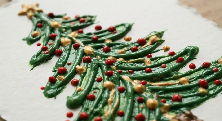 A green evergreen tree shape decorated with dots of red and yellow puffy paint as ornaments.