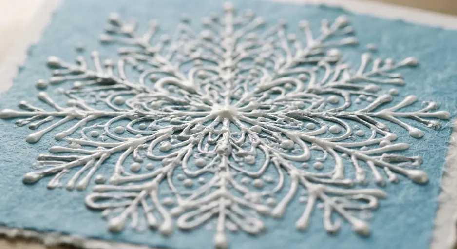 A symmetrical snowflake pattern drawn with precise lines of white puffy paint on blue cardstock.