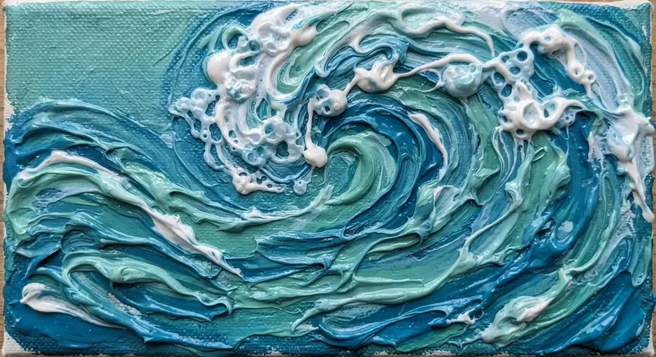 Blue and white puffy paint waves curling and crashing on a sandy beach background.