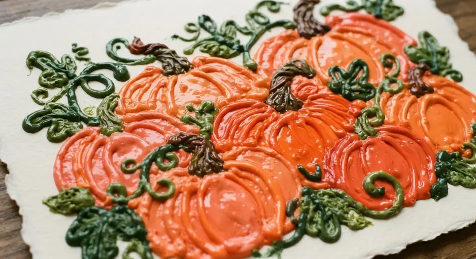 Several round pumpkins with green stems painted with orange puffy paint in a patch.