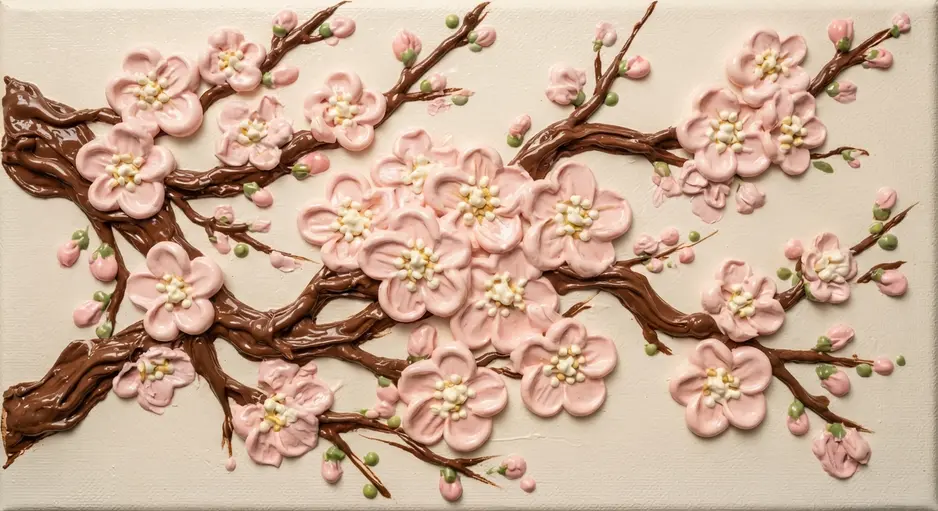 A brown branch with pink and white puffy paint flowers blooming along its length.