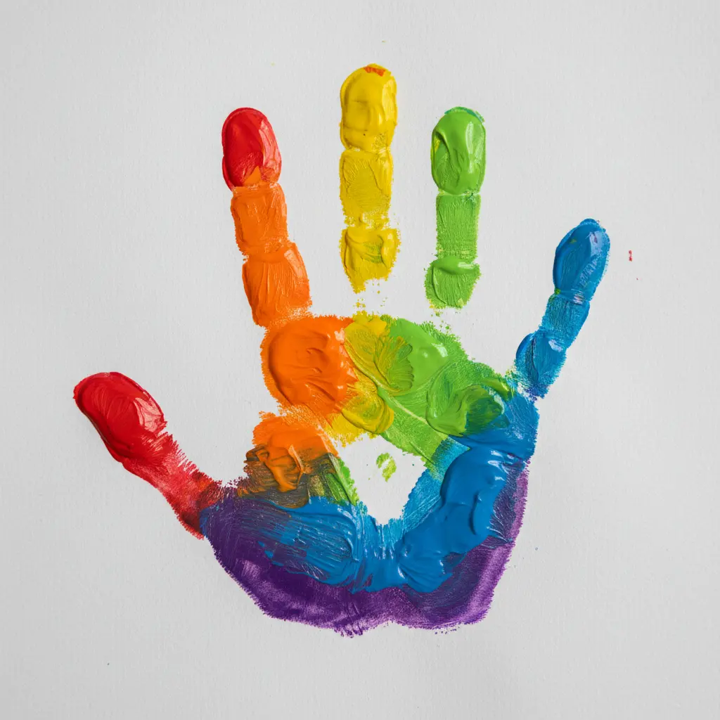 A child's handprint with each finger painted a different bright color, arranged in an arch on white cardstock.