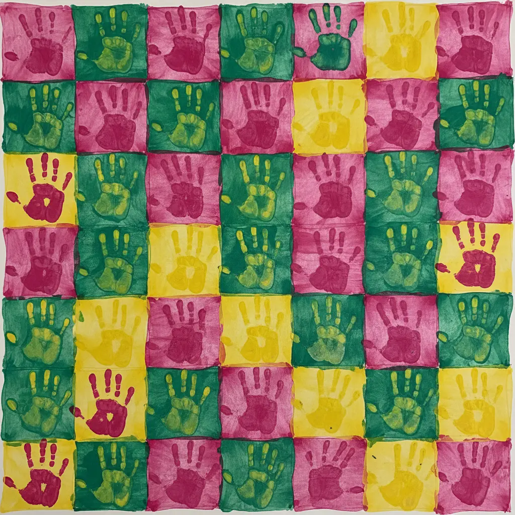 A paper quilt square made from multiple handprints in rainbow colors, arranged in a grid pattern on a large sheet.