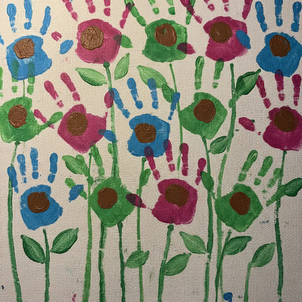 A handprint canvas with fingers painted in rainbow colors, turned into flower petals with green stems.