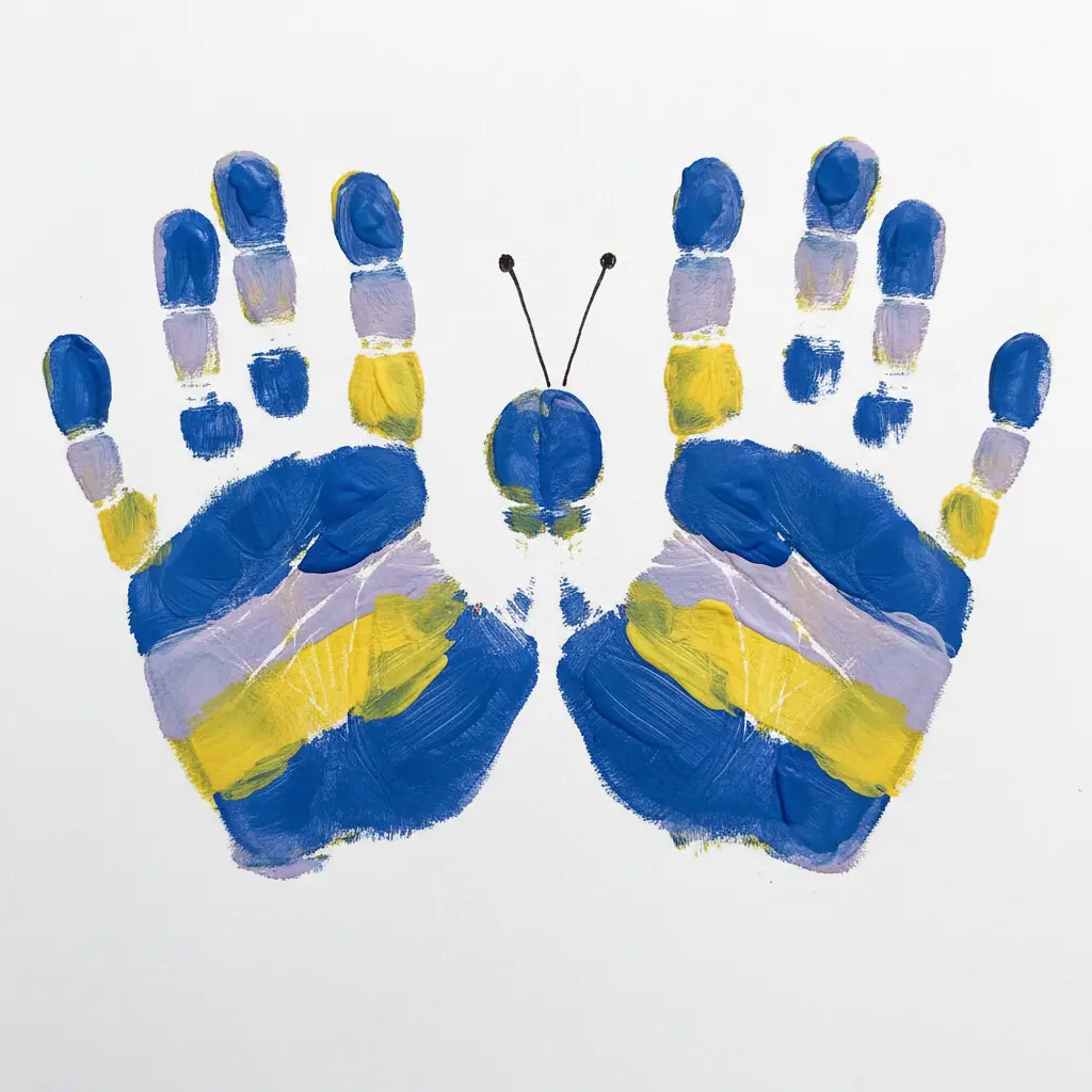 A symmetrical butterfly made from two rainbow handprints, with the thumbs forming the head and antennae drawn on.