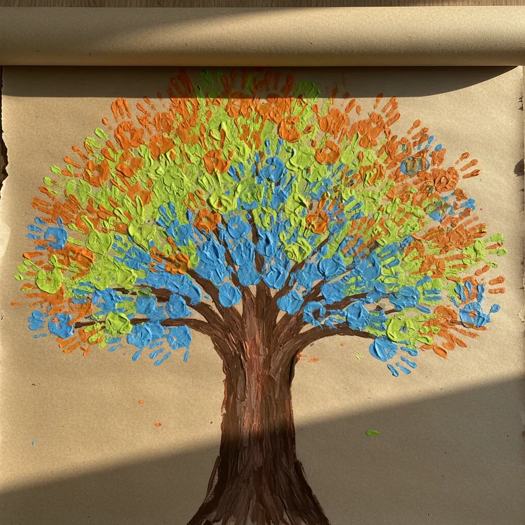 A tree mural with handprints in rainbow colors forming the foliage, painted on a large sheet of paper.
