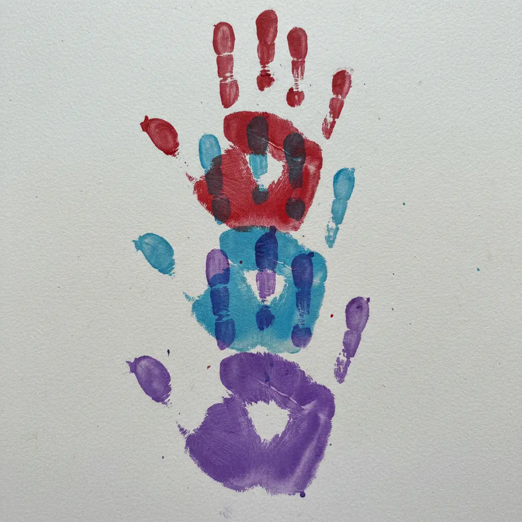 Layered handprints in rainbow colors stacked vertically, with the smallest handprint at the top.