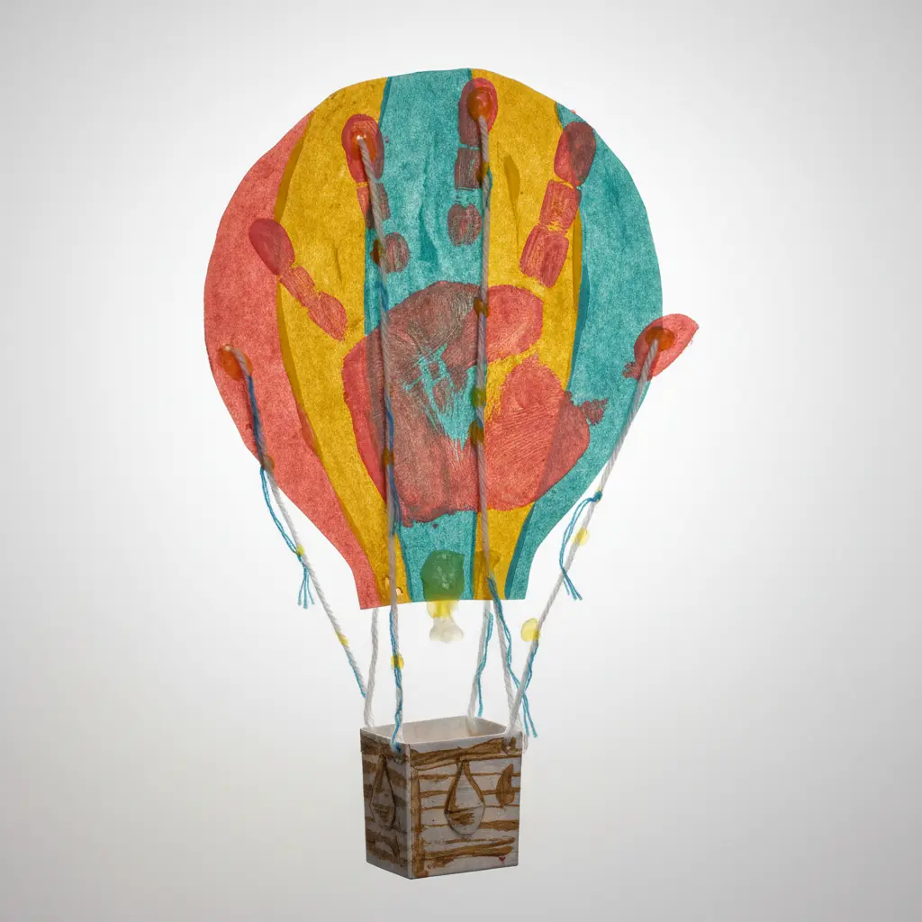 A hot air balloon crafted from a rainbow handprint with the palm as the balloon and fingers as stripes, yarn strings attached to a basket.