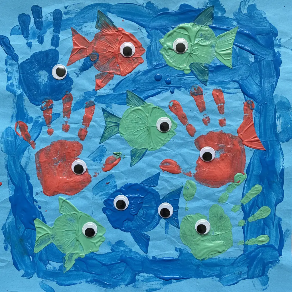 An ocean scene with rainbow handprint fish, painted with googly eyes and drawn fins on blue paper.