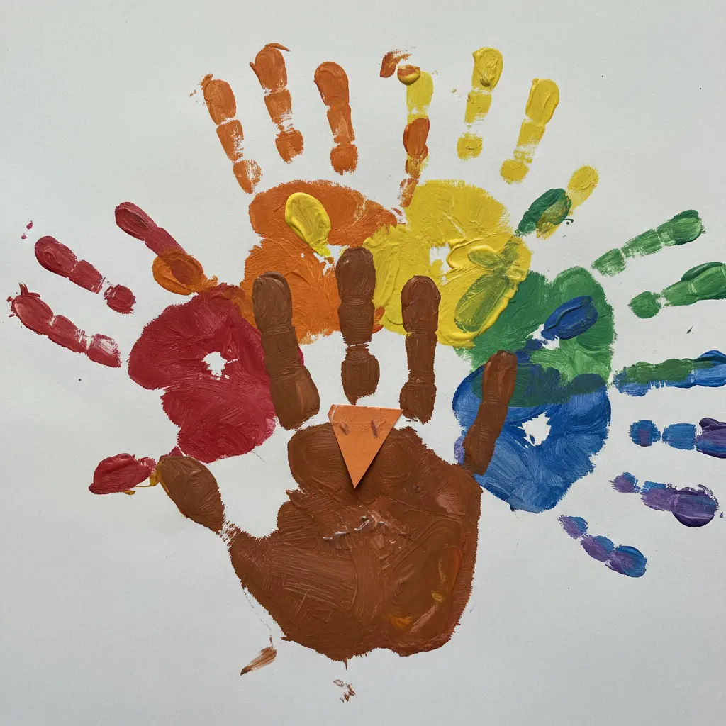 A turkey with a brown handprint body and rainbow handprint tail feathers, painted on cardstock with an orange beak.