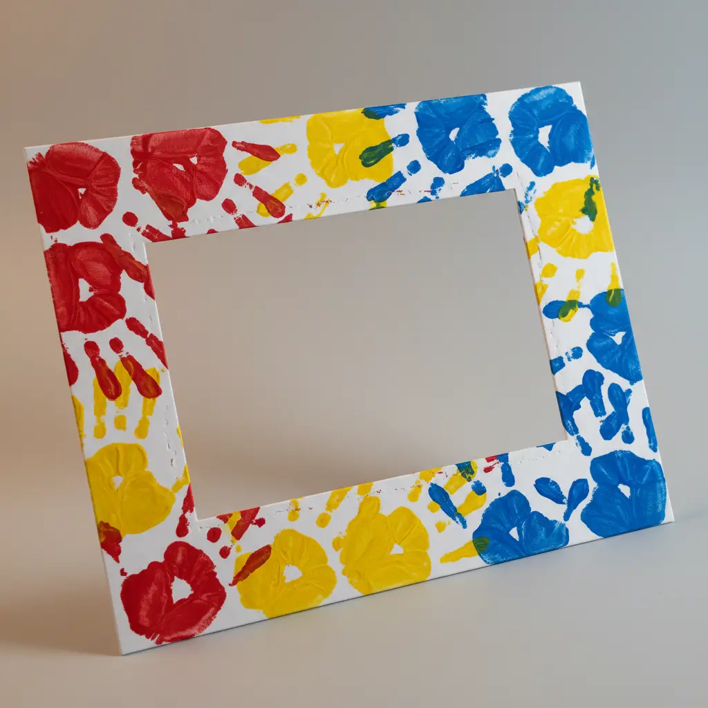 A photo frame border decorated with overlapping rainbow handprints around the edges, on a white frame.