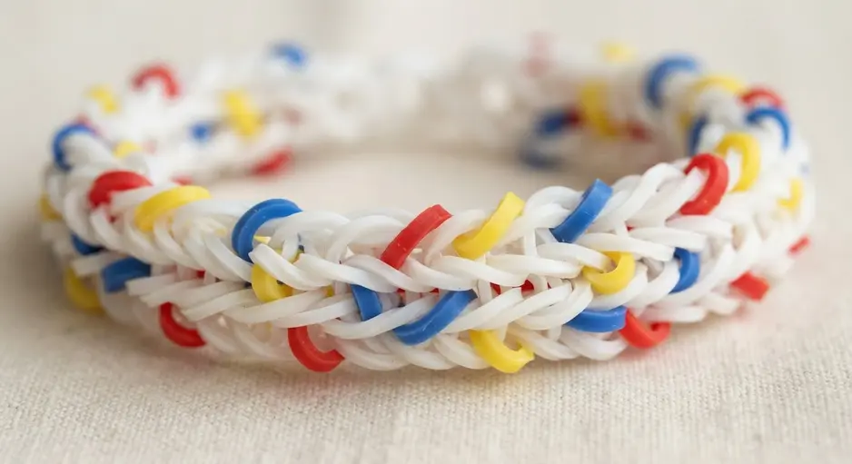 A colorful bracelet with small, dotted bands arranged like jigsaw puzzle pieces.