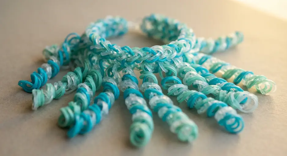 A loom bracelet featuring long, spiral patterns that resemble jellyfish tentacles.