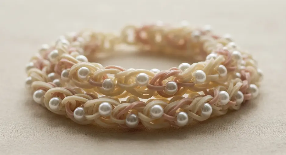 A loom bracelet with small white pearl beads woven into the rubber band design.