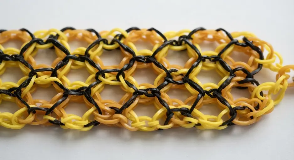 A geometric bracelet made of connected hexagons forming a honeycomb web.
