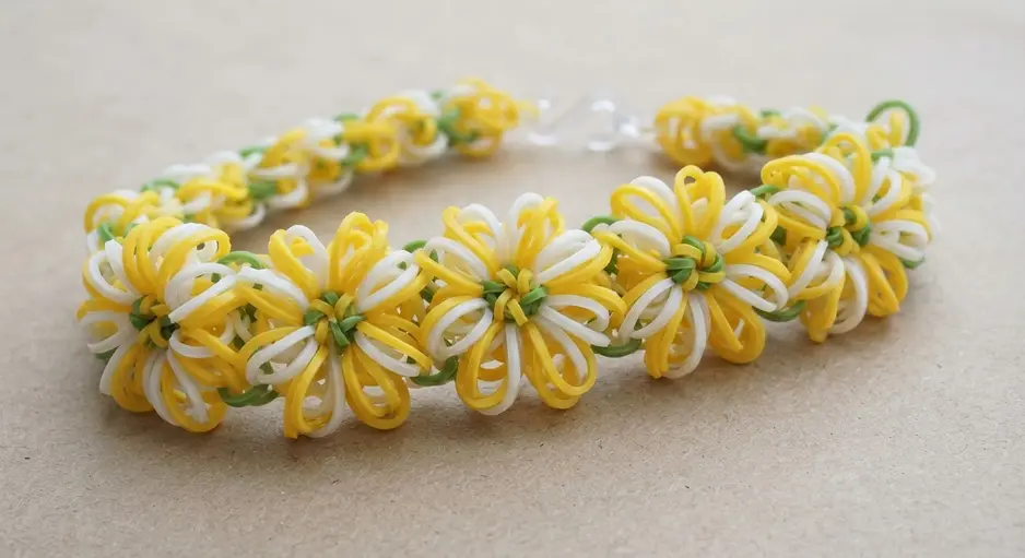 A colorful bracelet with bands arranged to look like a blooming starburst flower.