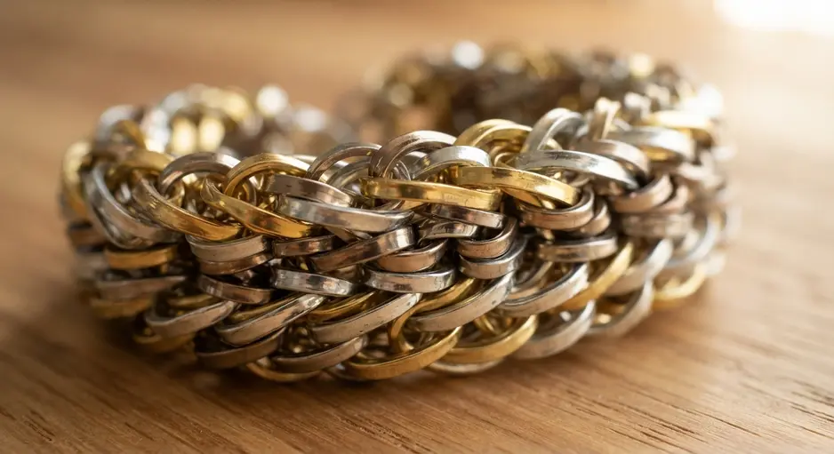 A fishtail bracelet with layers of gold and silver metallic rubber bands.
