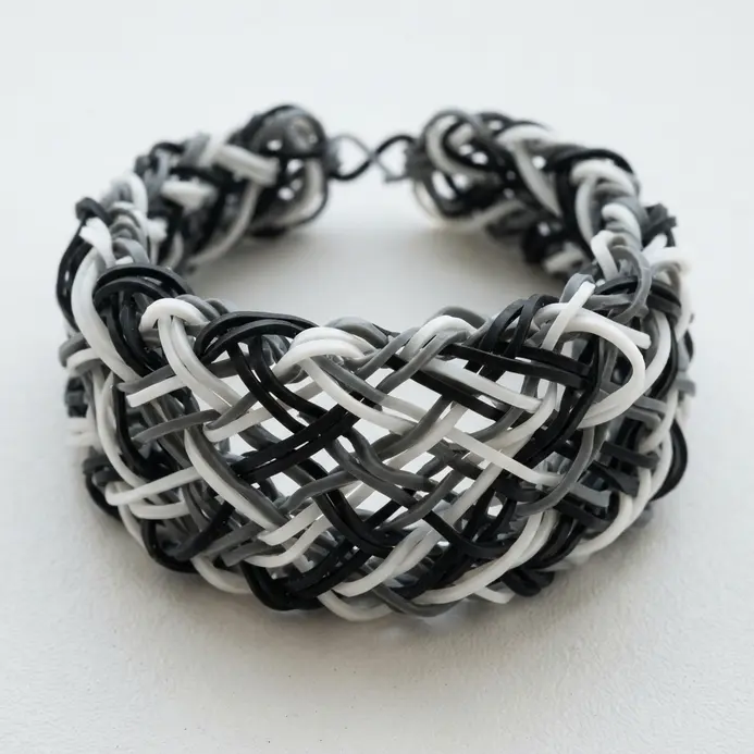 A lightweight, open weave bracelet with a crosshatch pattern in black and white.