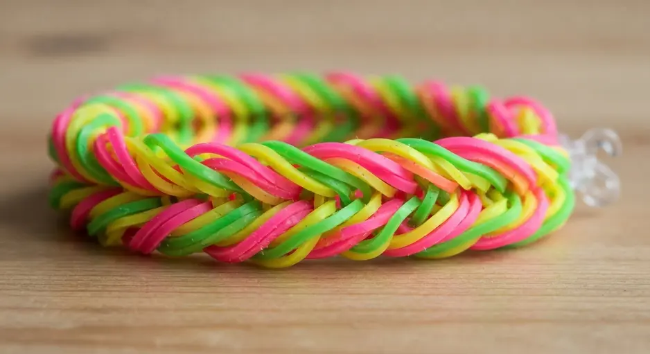 A thick, woven fishtail bracelet using high-contrast neon pink, green, and yellow rubber bands.