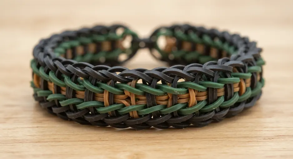 A textured loom bracelet mimicking parallel railroad tracks with layered bands.