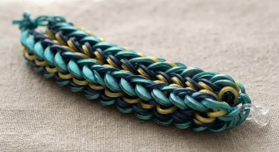 A wide, textured bracelet with overlapping bands that create a scale-like pattern.