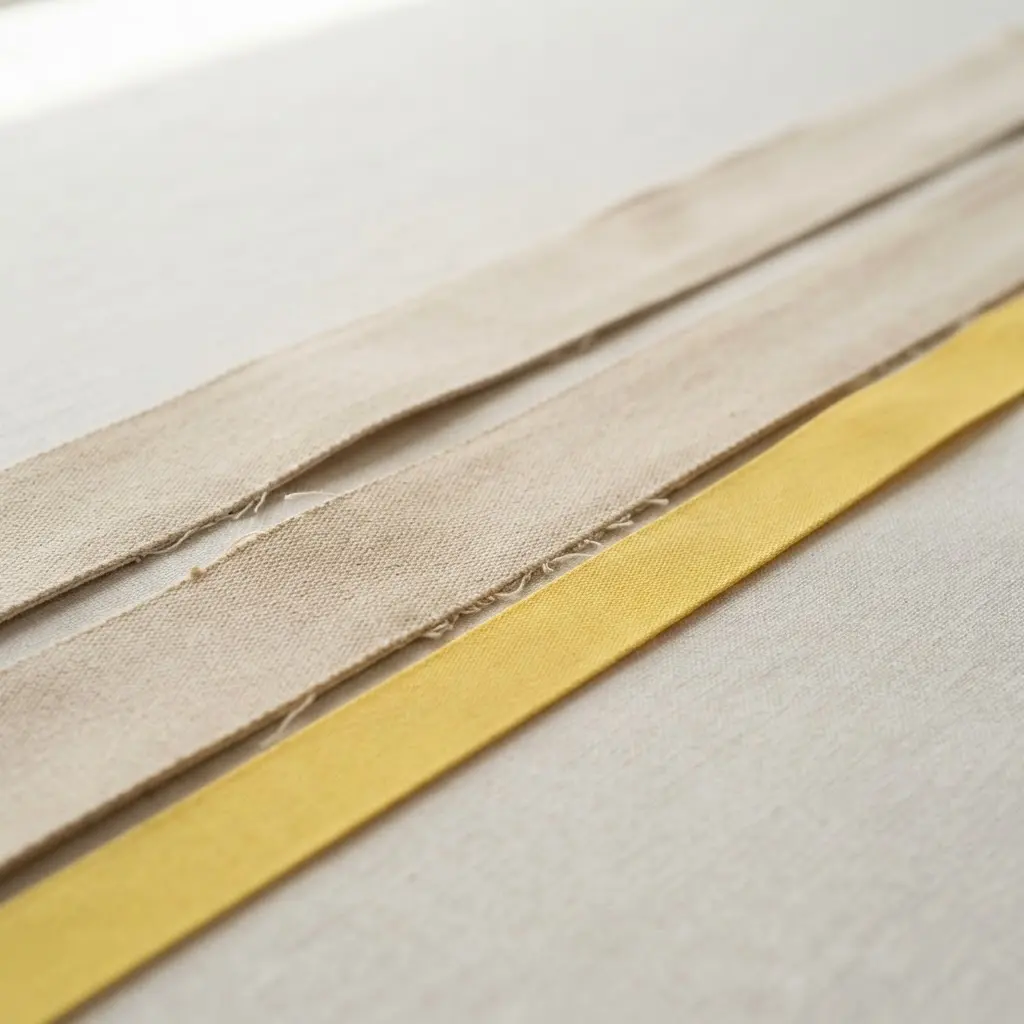 A close-up view of a tape measure on fabric strips, showing precise measurement for a bag strap.