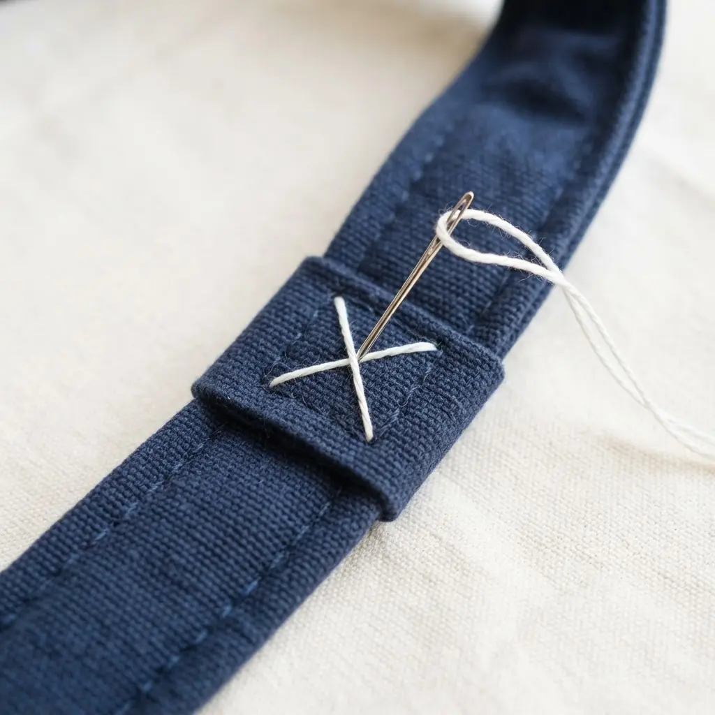 A needle and thread creating a cross stitch pattern to secure the finished end of a bag strap.