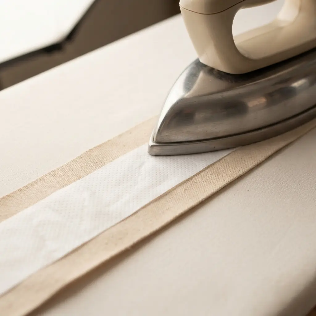 A hand pressing an iron onto fusible interfacing attached to fabric for bag strap stability.
