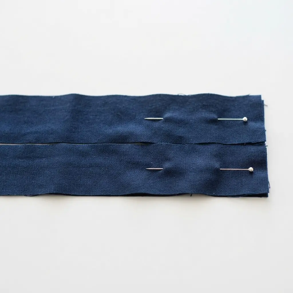Two pieces of fabric with right sides together, secured with pins along the length for sewing.