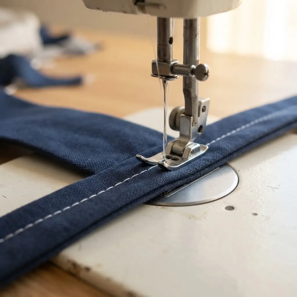 A sewing machine stitching a straight seam along the long edge of a fabric tube.
