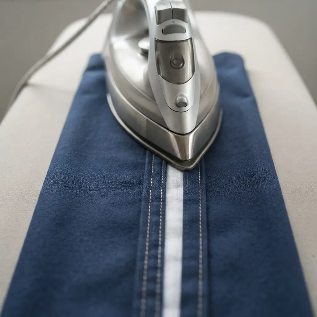 Using an iron to press the seam allowances of a sewn fabric tube flat and open.