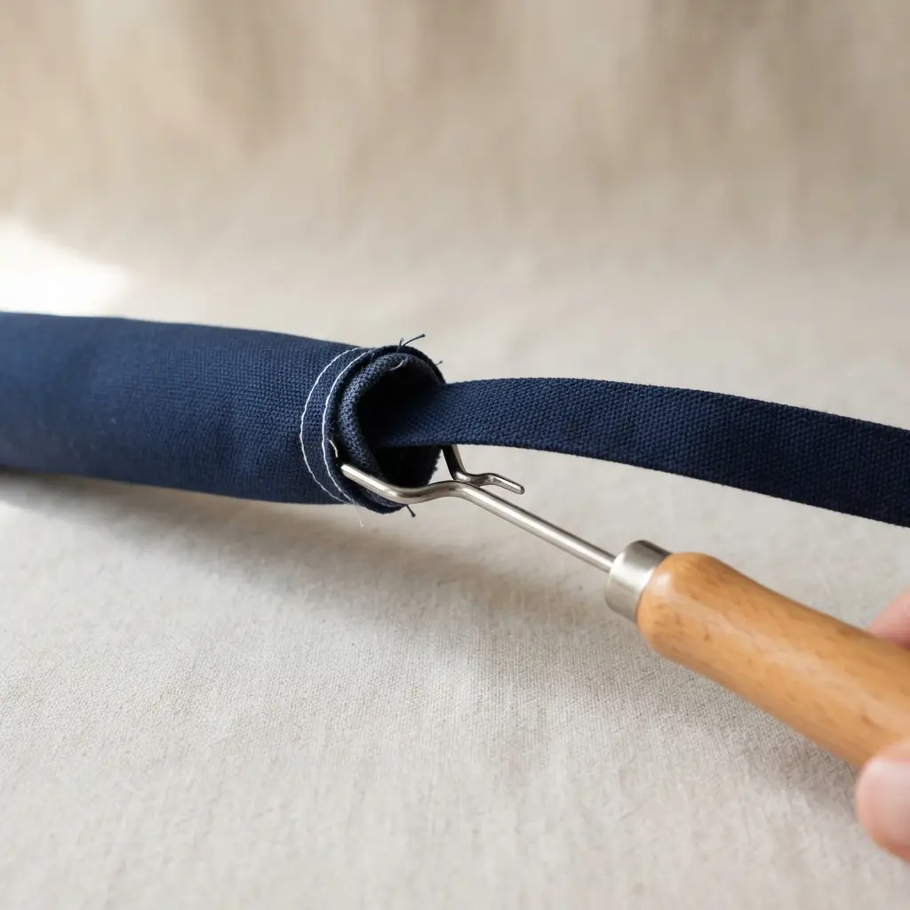 A loop turner tool pulling the sewn fabric tube through itself to reveal the right side.