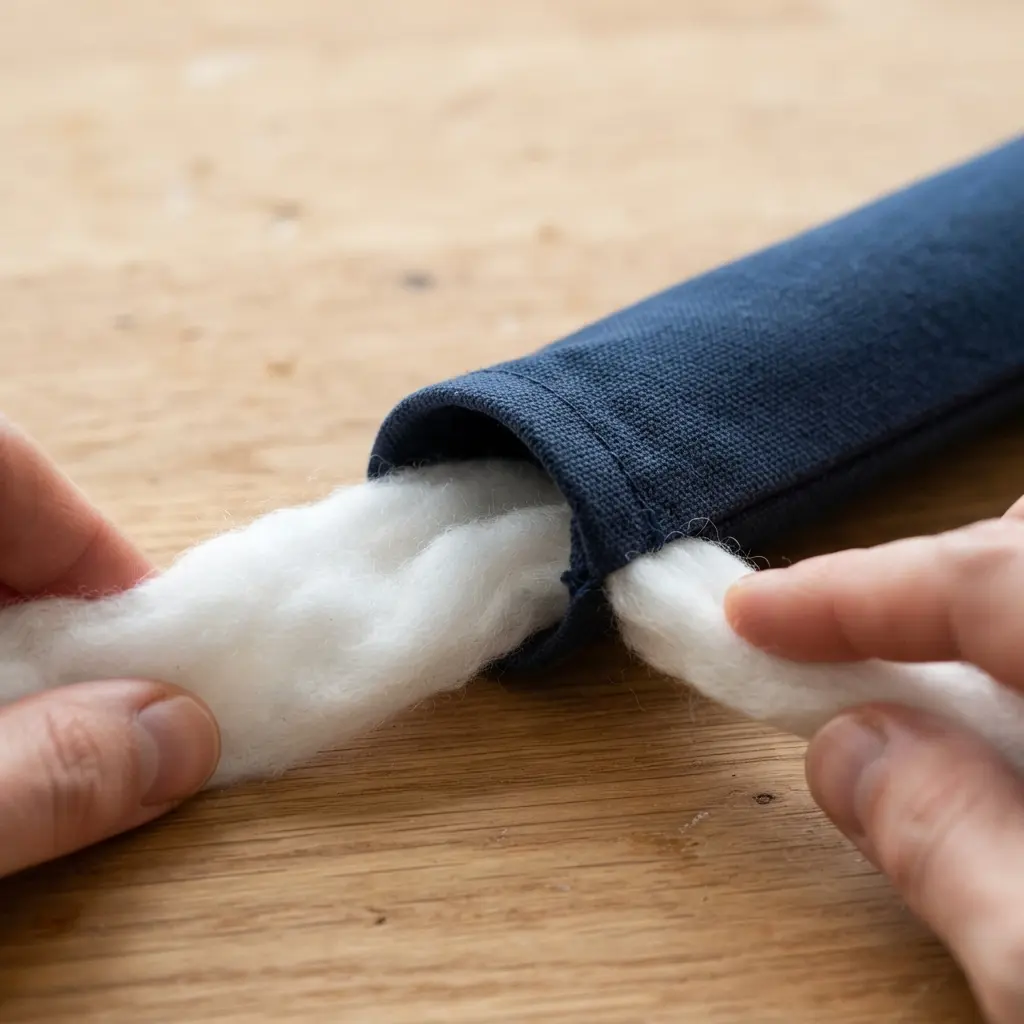 A hand inserting a strip of batting into the open end of a fabric tube for padding.