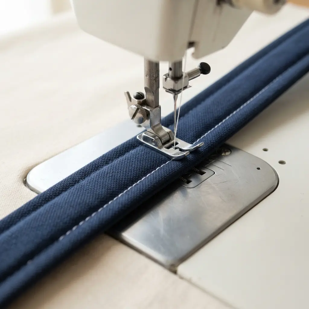 A sewing machine creating a topstitch line along the edge of a filled bag strap.
