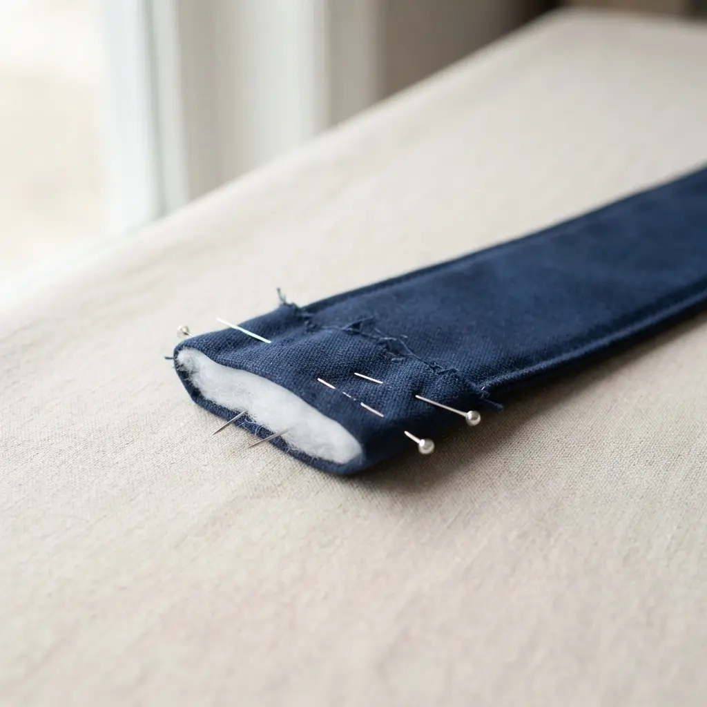 The raw ends of a bag strap being folded inward and pressed flat for finishing.