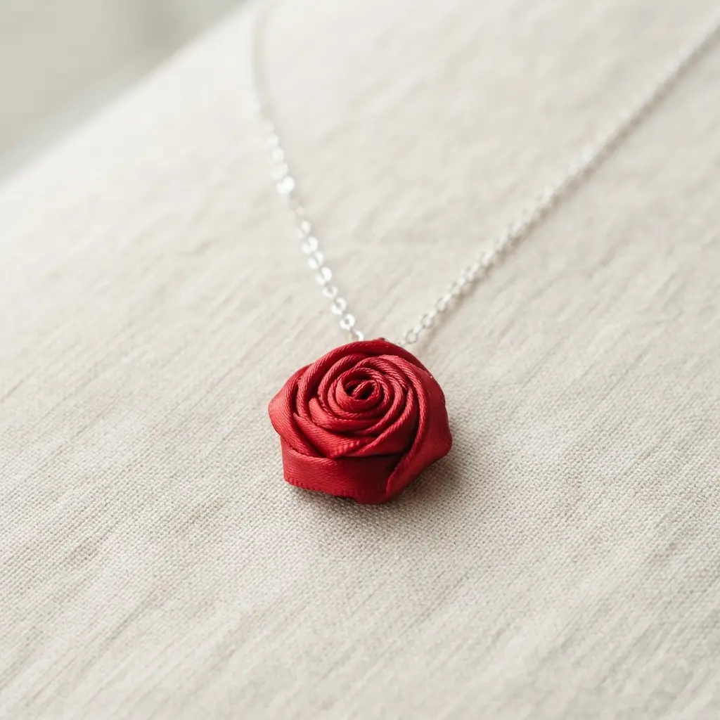 A glossy red satin ribbon rose pendant necklace on a silver chain against a neutral background.