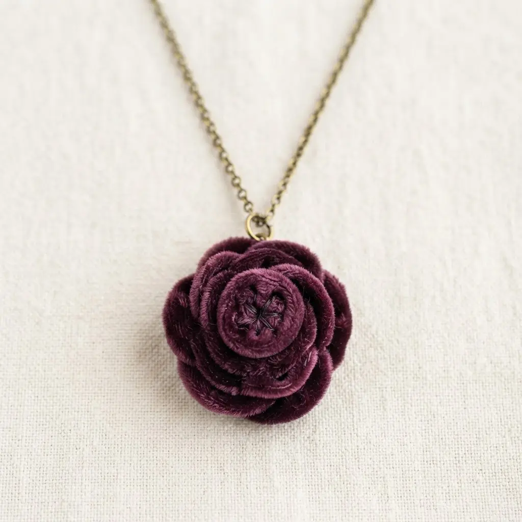 An elegant drop necklace featuring a single, lush rolled flower made from deep plum silk velvet.