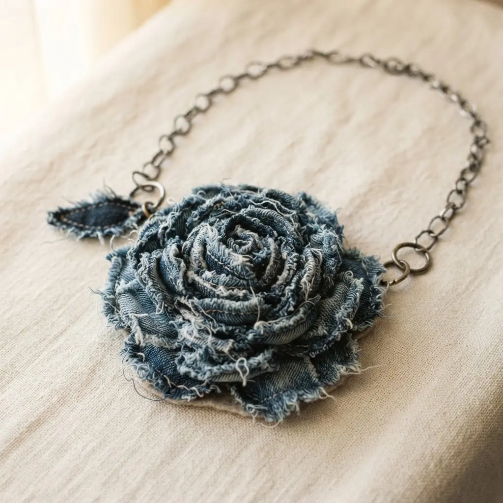 A bold statement necklace featuring a large rolled flower made from frayed denim fabric.